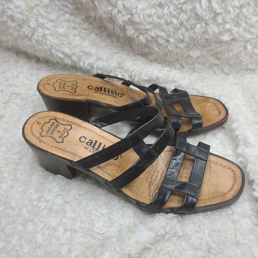 Callisto  of‎ California Black Leather Strappy Block Heel Sandals sz 8